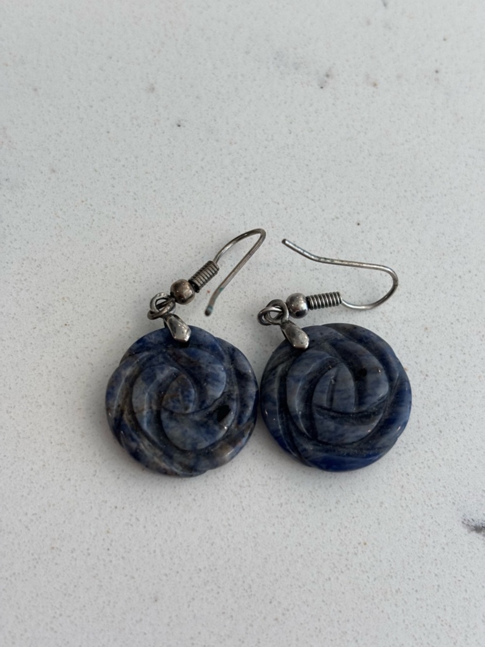 VINTAGE Hand Carved Sodalite Rose Flower Earrings | Sterling Silver 925
